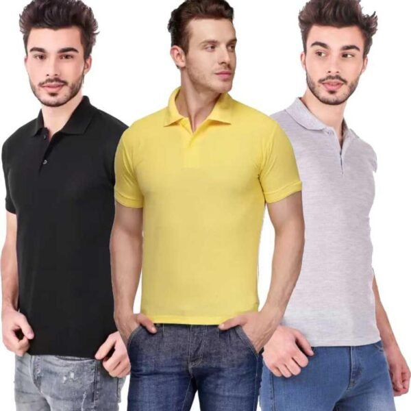 One-H Men's Polo Neck Short Sleeve Casual Tshirt Combo of Black, Grey, Yellow colors (Pack of 3)