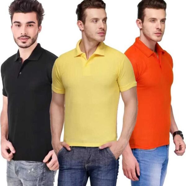 One-H Men's Polo Neck Short Sleeve Casual Tshirt Combo of Black, Orange, Yellow colors (Pack of 3)