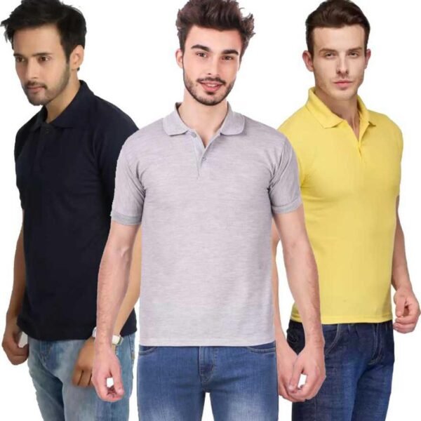 One-H Men's Polo Neck Short Sleeve Casual Tshirt Combo of Dark Blue, Grey, Yellow colors (Pack of 3)